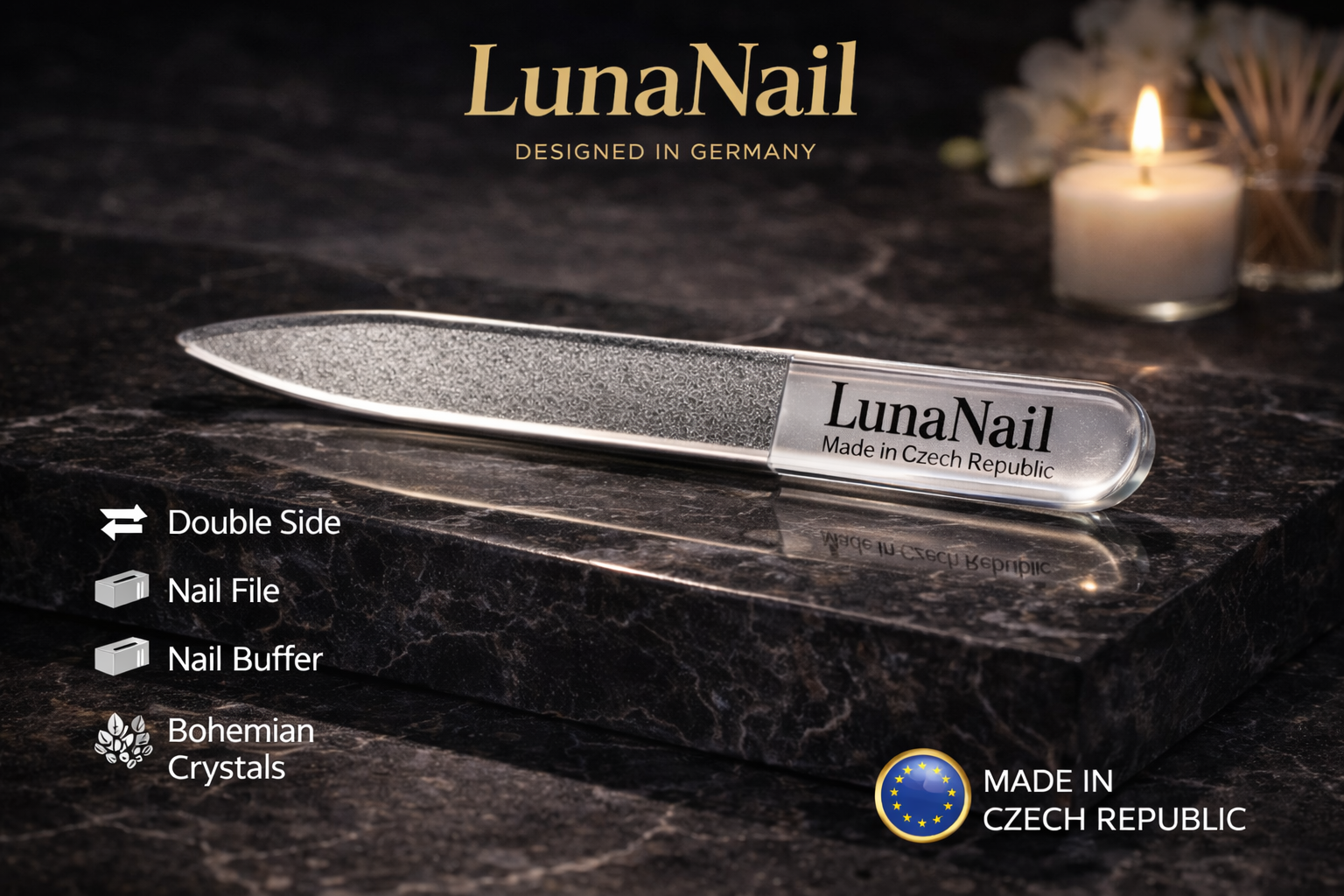 Dual-sided Czech glass nail file and buffer by LunaNail, featuring keratin-sealing crystal glass technology for natural nail shaping and high-gloss shine