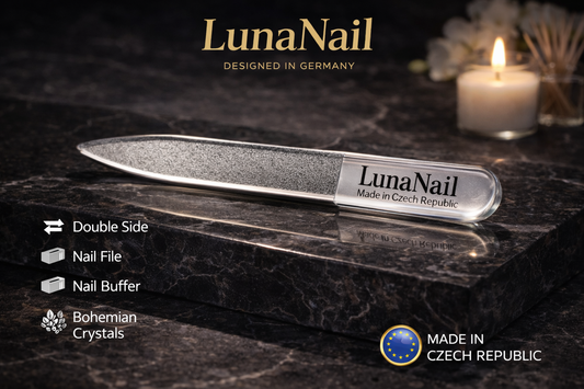 Dual-sided Czech glass nail file and buffer by LunaNail, featuring keratin-sealing crystal glass technology for natural nail shaping and high-gloss shine