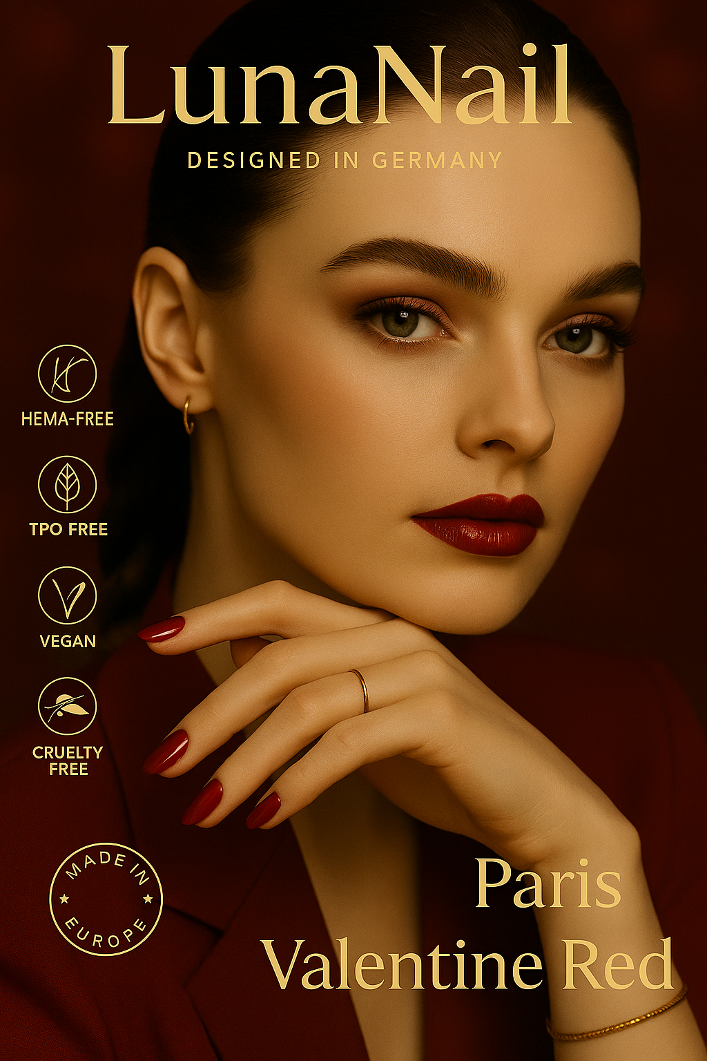 European-made HEMA-free UV gel polish by LunaNail in Paris Valentine Red shade, designed in Germany with clean beauty and professional-grade formulation