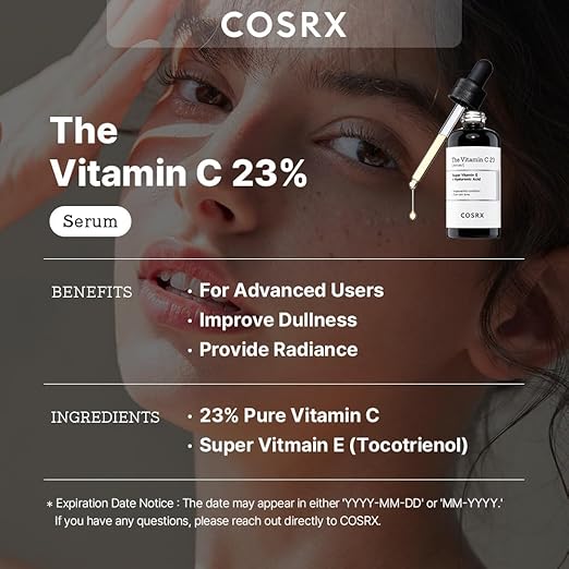 COSRX Reines Vitamin C 23% Serum mit Vitamin E (Ascorbinsäure) und Hyaluronsäure, feuchtigkeitsspendendes Gesichtsserum, reduziert feine Linien, 0,70 fl.oz (20 g (1 Stück))