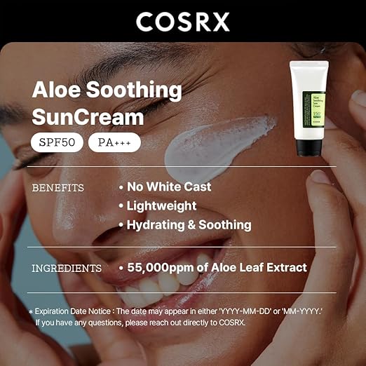 COSRX Aloe Soothing Sun Cream LSF 50, Feuchtigkeitsspendende Sonnencreme mit Aloe Vera, für alle Hauttypen, Gesicht & Körper, Korean Skincare
