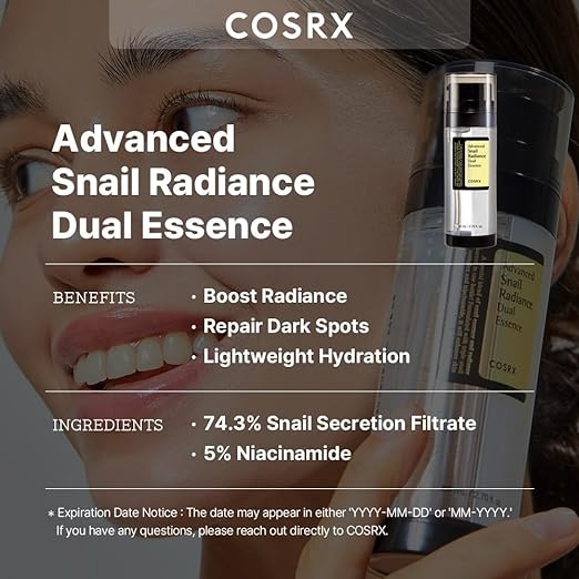 COSRX Niacinamide 5% + Snail Mucin 74% Dual Essence, Dark Spot & Anti aging Face Serum, Hydrating, Brightening, 2.70 fl.oz / 80ml