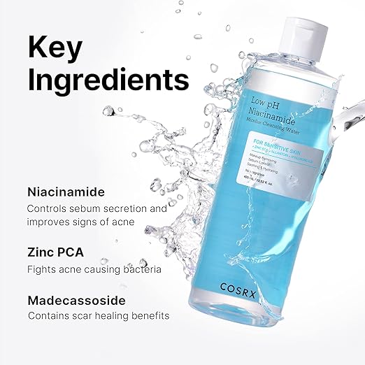 COSRX Low pH Niacinamide Micellar Cleansing Water 13.52fl.oz/400ml, Daily Mild Facial Cleansing Wash for Sensitive Skin, Sebum Control, Paraben Free, Korean Skincare