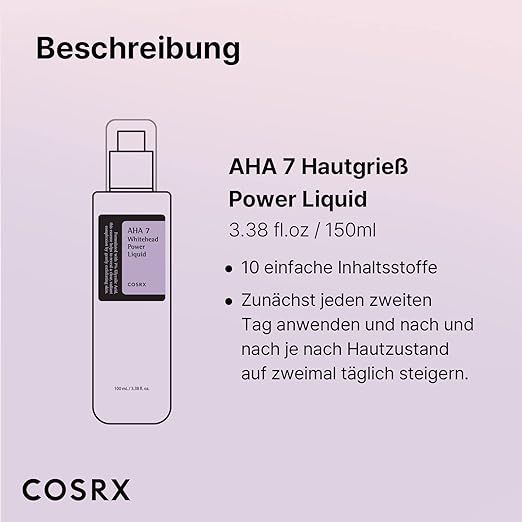 COSRX AHA 7 Whitehead Power Liquid, 100 ml, Whitehead Remover, Glycolsäure 7%, AHA Peeling, Porenminimizer, koreanische Hautpflege, frei von Tierversuchen, Parabenen