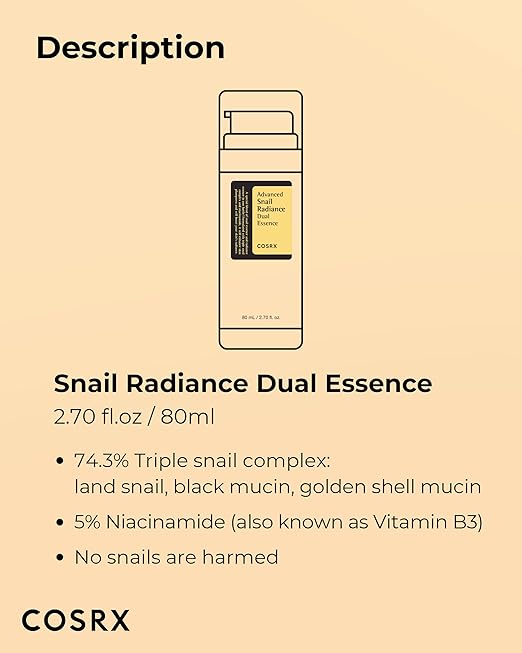 COSRX Niacinamide 5% + Snail Mucin 74% Dual Essence, Dark Spot & Anti aging Face Serum, Hydrating, Brightening, 2.70 fl.oz / 80ml