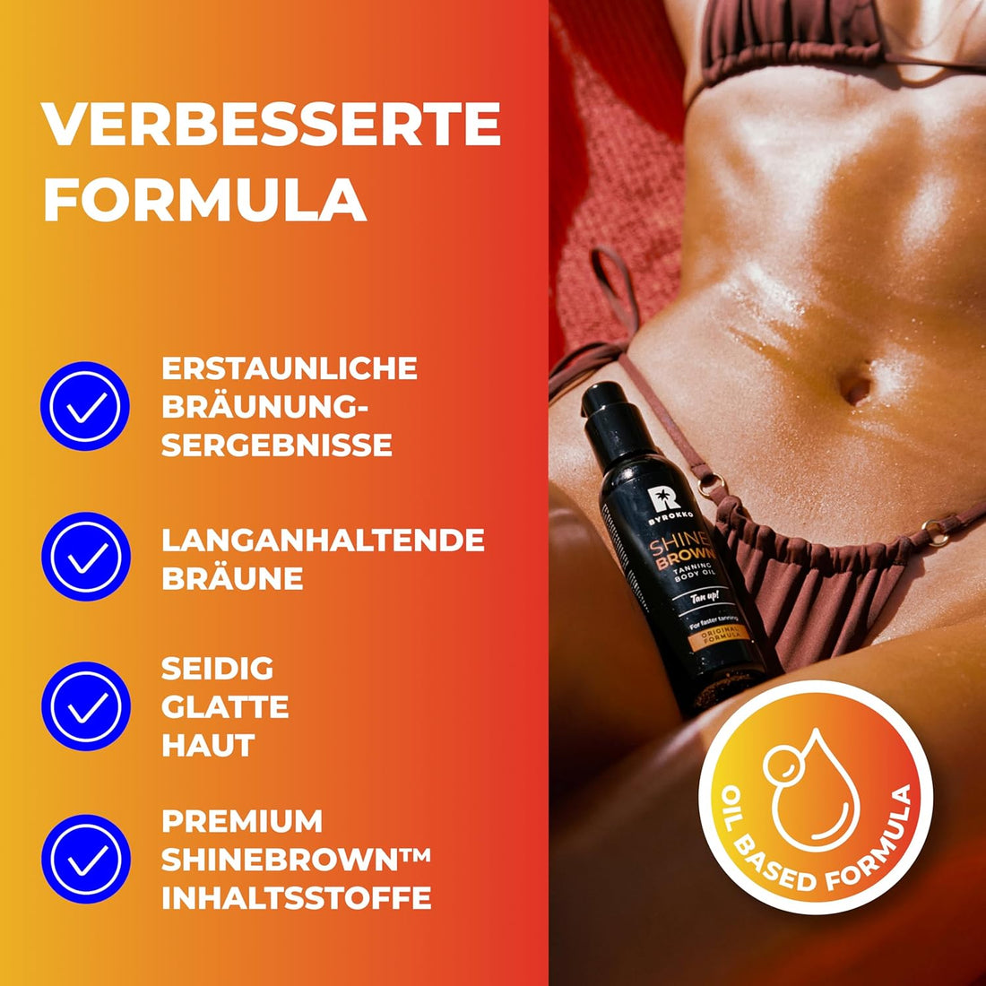 BYROKKO Shine Brown Premium Bräunungsbeschleuniger-Öl (150 ml), XXL Bräunungsbeschleuniger für Solarium & Außensonne, Bräune mit natürlichen Zutaten. Kokosnussöl, Walnussöl, Haselnussöl, Alle