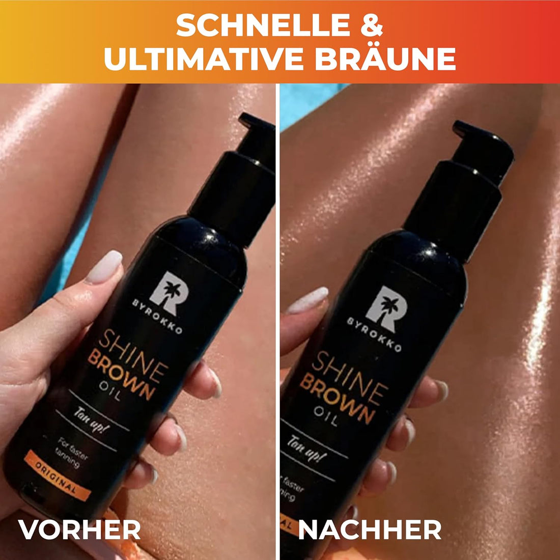 BYROKKO Shine Brown Premium Bräunungsbeschleuniger-Öl (150 ml), XXL Bräunungsbeschleuniger für Solarium & Außensonne, Bräune mit natürlichen Zutaten. Kokosnussöl, Walnussöl, Haselnussöl, Alle
