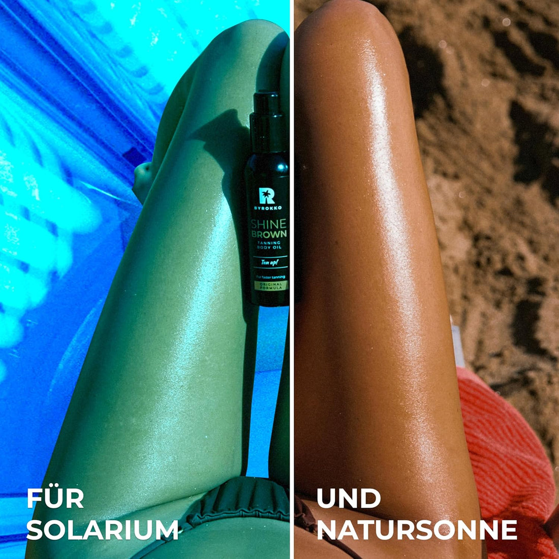 BYROKKO Shine Brown Premium Bräunungsbeschleuniger-Öl (150 ml), XXL Bräunungsbeschleuniger für Solarium & Außensonne, Bräune mit natürlichen Zutaten. Kokosnussöl, Walnussöl, Haselnussöl, Alle