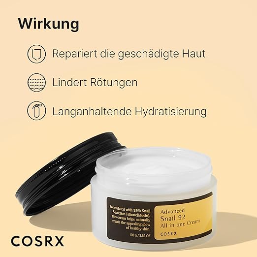 COSRX Advanced Snail 92% All in One Cream | Schneckenschleim Creme mit Hyaluron | Anti Pickel Anti Falten Gesichtscreme | für trockene und empfindliche Haut | Korean Skincare